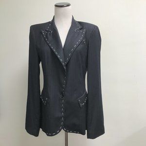 Unconditional Black blue pinstripe stitched embroidered wool silk lined blazer M